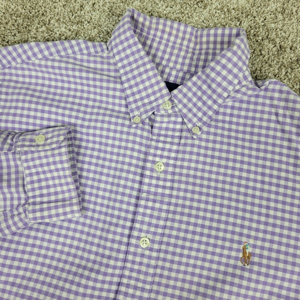 Ralph Lauren Mens Large Purple White Gingham Check Flesh Pony Button Down LS